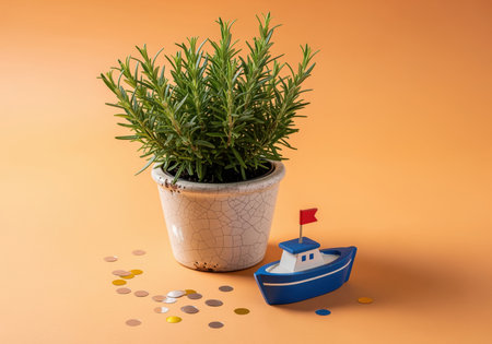 Rosemary plant with green needles growing in a distressed white ceramic pot, placed next to a small blue and white wooden toy boat featuring a red flag. studio still life on a peach background with scattered confetti.の素材