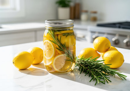 Homemade preserved lemon slices and fresh rosemary sprigs stored in a glass mason jar on a bright white marble kitchen countertop, surrounded by whole lemons. perfect for cooking and flavoring.の素材