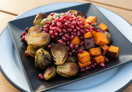 Roasted brussels sprouts and sweet potato cubes served on a black plate, garnished generously with vibrant red pomegranate seeds. healthy, gourmet, and colorful side dish perfect for autumn or holiday dining.の素材