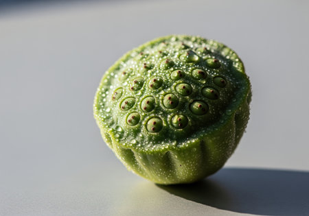 Fresh green lotus seed pod featuring intricate texture and numerous water droplets, captured in a detailed macro shot on a clean gray surface.の素材