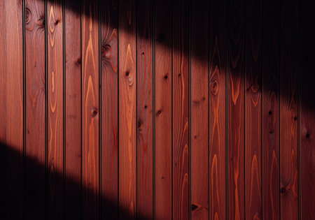 Vertical mahogany stained cedar wood paneling texture featuring rich grain and knots. dramatic diagonal shadow creates contrast, ideal for rustic or architectural backgrounds.の素材