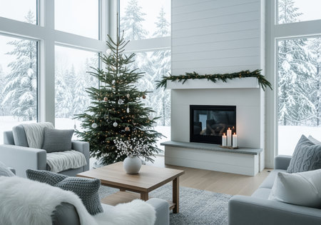 Modern, bright living room decorated for christmas, featuring a decorated tree, white fireplace, and comfortable gray furniture. large windows overlook a serene snowy forest landscape, evoking a cozy winter holiday atmosphere.の素材