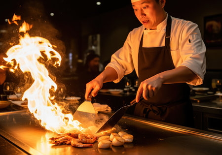 Professional japanese chef preparing shrimp and scallops on a hot teppanyaki grill, generating a large, dramatic flame during the cooking process.の素材