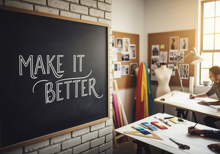 Make it better motivational message written in chalk on a blackboard in a creative design studio where two designers are working on sketches and mood boards.の素材