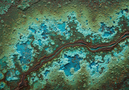 Heavily corroded copper sheet texture displaying rough verdigris patina, vibrant turquoise blue patches, and a prominent winding crack revealing underlying rust. abstract surface background.の素材
