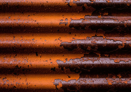 Severely rusted corrugated iron sheet texture featuring deep orange and brown corrosion stains, peeling paint, and small water droplets covering the surface.の素材
