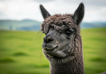 Dark gray alpaca portrait featuring dense, textured wool and large eyes, captured outdoors in a bright green pasture against a blurred natural background.の素材