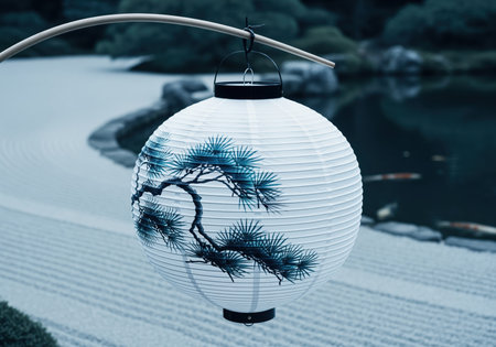 White spherical japanese paper lantern decorated with a blue pine branch design, suspended above the raked sand of a traditional zen garden.の素材