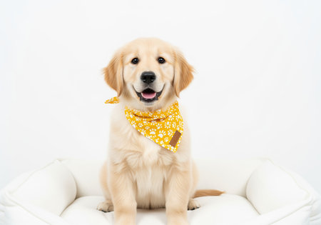 Golden retriever puppy sitting comfortably on a white cushion, looking forward with a happy, open mouthed expression. the puppy wears a bright yellow bandana adorned with white paw prints. studio shot on a clean white background.の素材