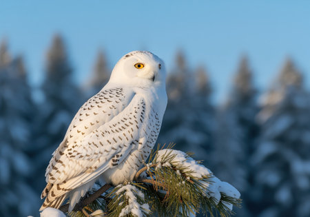 Snowy owl bubo scandiacus with striking yellow eyes perched on a pine branch covered in fresh snow. detailed wildlife portrait against a blurred blue winter forest background.の素材