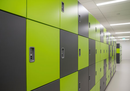 Modern hallway lined with sleek storage lockers featuring a dynamic checkerboard pattern of vibrant lime green and charcoal gray panels. ideal for school, gym, or office environments.の素材