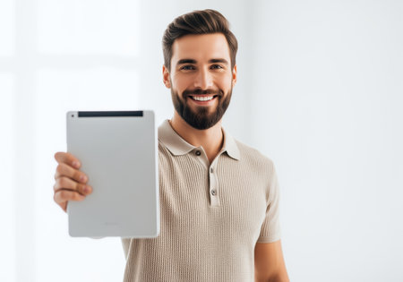 Confident bearded man in a beige polo shirt smiling and holding a blank digital tablet screen forward. perfect for technology presentation, advertising, or mockup.の素材