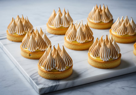 Individual mini lemon meringue tarts featuring sweet citrus curd and perfectly toasted meringue peaks. gourmet dessert arranged on a white marble serving board.の素材