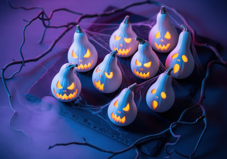 Eerie white carved gourds glowing with yellow light, arranged on a dark surface covered in spiderwebs and branches under mysterious purple and blue lighting, perfect for halloween.の素材