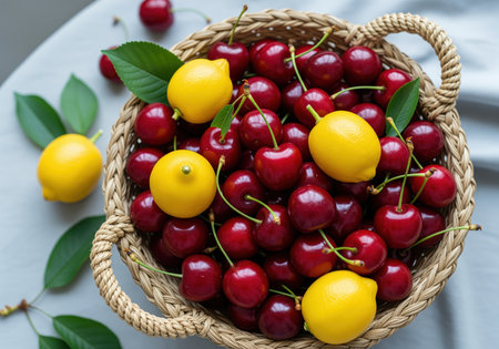 Ripe red cherries and vibrant yellow lemons mixed together in a natural woven basket, viewed from above on a light gray surface. fresh, healthy summer fruit harvest concept.の素材