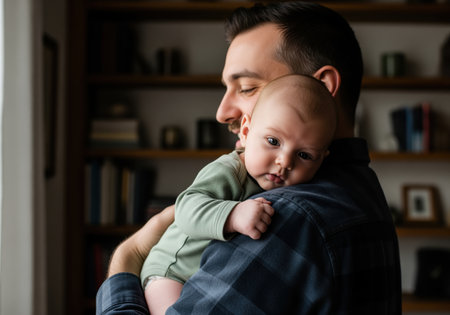 Loving father holding his alert infant baby over his shoulder in a candid, intimate indoor moment. the baby looks directly at the viewer, symbolizing family, care, and modern parenting.の素材