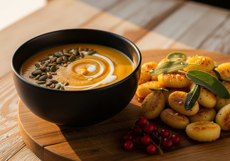 Butternut squash cream soup in a black bowl, garnished with pepitas and cream swirl, served alongside pan fried potato gnocchi with fresh sage on a wooden board. autumn comfort food concept.の素材