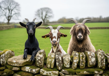 Three different breeds of curious goats, including a shaggy one, peering over a rustic dry stone wall covered in moss in a green rural pasture.の素材