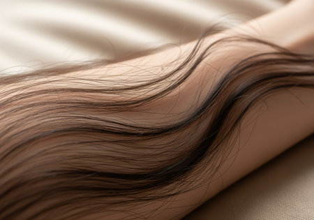 Long wavy dark brunette hair texture resting on smooth pale skin, captured in a detailed close up. concept of beauty, hair care, and skin health.の素材
