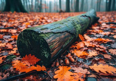Fallen wooden log covered in dark green moss resting on the damp forest floor carpeted with bright orange and red autumn oak leaves and scattered acorns. moody, seasonal forest scene.の素材