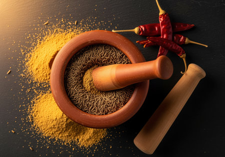 Rustic terracotta mortar and pestle filled with whole cumin seeds, surrounded by scattered yellow turmeric powder and dried red chili peppers on a dark background. essential cooking ingredients.の素材
