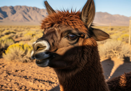 Dark brown, heavily fleeced alpaca captured in a close up portrait, standing in a sunny, arid desert landscape. dry brush and distant mountains define the harsh environment.の素材