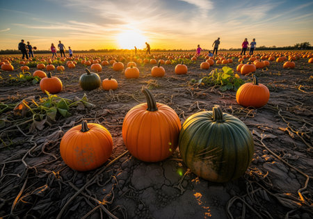 Sprawling pumpkin patch field during golden hour sunset. large orange and green pumpkins sit on dry earth while families are silhouetted in the distance, enjoying the autumn harvest activity.の素材