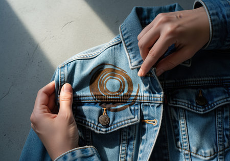Brown coffee ring stain prominently visible on the shoulder of a light blue denim jacket. woman hands carefully hold the stained clothing, symbolizing laundry, cleaning, or an accidental spill.の素材