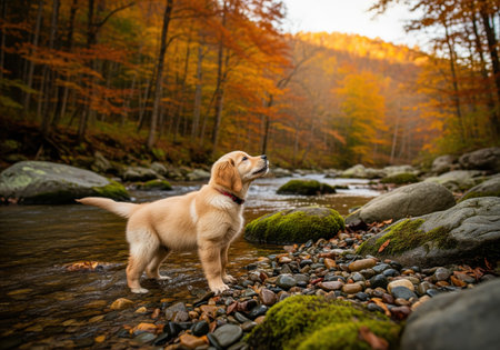 Golden retriever puppy standing in the shallow water of a rocky stream, looking up curiously. the background features a dense forest with vibrant orange and yellow autumn foliage, highlighting themes of nature, adventure, and seasonal change.の素材