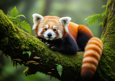 Red panda resting on a thick, vibrant green moss covered tree branch. the endangered animal looks directly forward in a lush, misty forest habitat.の素材