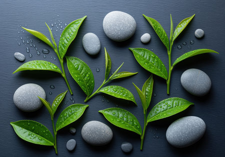 Fresh green tea leaves and smooth grey river stones arranged in a calming flat lay composition on a dark slate background, highlighted by fresh water droplets.の素材
