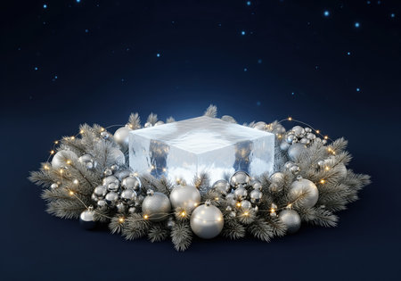 Ice cube pedestal product display stand surrounded by silver christmas baubles, frosted pine branches, and glowing string lights. elegant winter holiday background for luxury product promotion.の素材