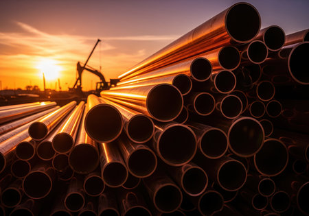 Stack of shiny copper metal pipes piled up at an industrial storage yard. warm golden hour sunlight creates dramatic reflections, highlighting the material texture. heavy machinery silhouettes are visible in the background.の素材