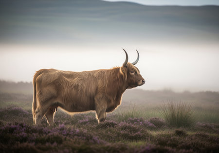 Scottish highland cow with long ginger fur and impressive horns standing in profile on a misty moorland covered in purple heather. rural livestock grazing in wilderness.の素材