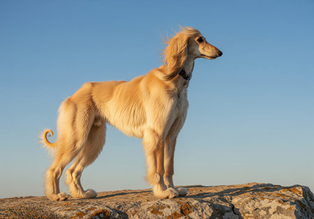Afghan hound, a majestic sighthound breed, standing in profile on a rugged rock formation. its long, flowing coat is illuminated by golden light against a bright blue sky.の素材