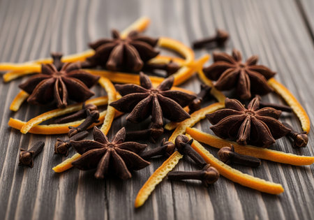 Star anise pods, whole cloves, and dried orange zest strips scattered closely together on a dark, rustic wooden surface. used for cooking, baking, and seasonal holiday drinks.の素材