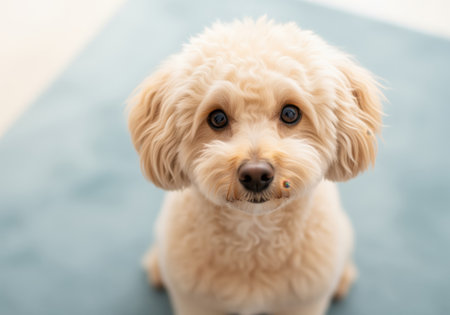 Fluffy cream miniature poodle dog sitting indoors on a light blue rug, captured in a heartwarming, high angle close up portrait looking directly at the viewer.の素材