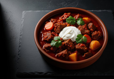 Hearty beef goulash stew featuring tender meat, carrots, and potatoes in a rich tomato broth, topped with sour cream and cilantro, served in a terracotta bowl on a dark slate surface.の素材