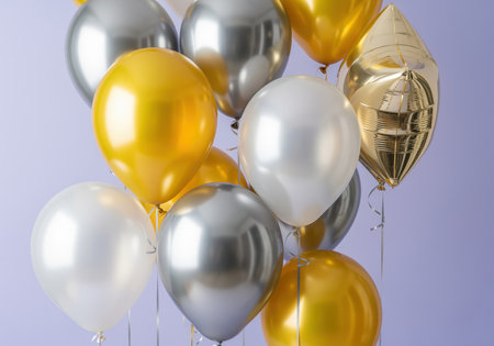 Cluster of shiny metallic helium balloons in gold, silver, and pearl white colors, tied with ribbons, floating against a soft lavender background. perfect for birthdays, anniversaries, and festive events.の素材
