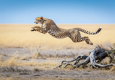 Cheetah in full stride, captured mid leap over a gnarled root in the dry african savanna. dynamic wildlife action shot showcasing speed and agility.の素材