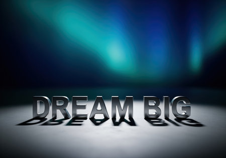 3D metallic silver block letters spelling DREAM BIG standing on a reflective surface. dramatic blue and green aurora lighting creates a motivational and aspirational atmosphere, symbolizing goals and success.の素材