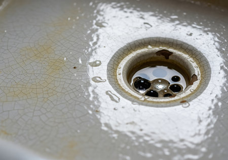 Dirty, cracked white porcelain sink drain detail showing yellow staining, crazed enamel texture, and standing water with dark bubbles inside the hole.の素材