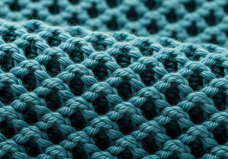Vibrant teal blue knitted fabric texture captured in a macro view, highlighting the intricate, open honeycomb stitch pattern. ideal background for fashion, craft, or cozy concepts.の素材