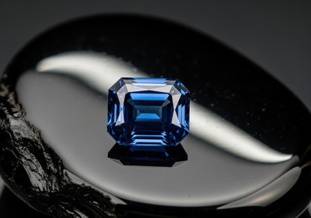 Precious deep blue sapphire gemstone, featuring an elegant emerald cut, resting on a highly polished, reflective black stone surface in a studio macro shot.の素材