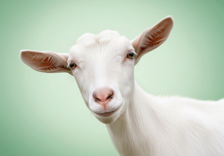 White goat close up portrait featuring a gentle, friendly expression and large ears, isolated against a soft, light green studio background. ideal for farming and dairy concepts.の素材
