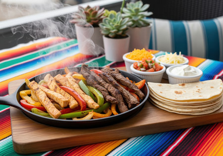 Sizzling steak and chicken fajitas with colorful bell peppers and onions served on a cast iron skillet. accompanied by warm tortillas, shredded cheese, pico de gallo, and sour cream on a vibrant mexican serape.の素材