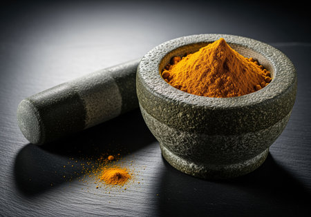 Golden turmeric powder piled high inside a rough, gray stone mortar with a matching pestle resting nearby on a dark, dramatic surface. essential spice used in cooking, medicine, and health remedies.の素材