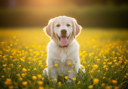 Golden retriever puppy sitting happily in a lush green field filled with vibrant yellow buttercup flowers, illuminated by warm golden hour sunlight.の素材