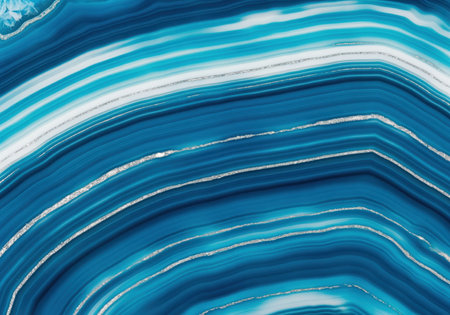 Blue agate texture background featuring sweeping concentric bands of deep blue, turquoise, and white colors. detailed with shimmering silver glitter lines, creating a luxurious and abstract mineral pattern suitable for design.の素材