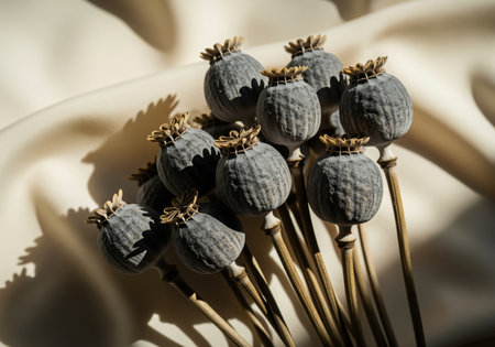 Dried poppy seed pods clustered together, showcasing texture and form, set against a soft, draped beige fabric with dramatic shadows. botanical still life.の素材